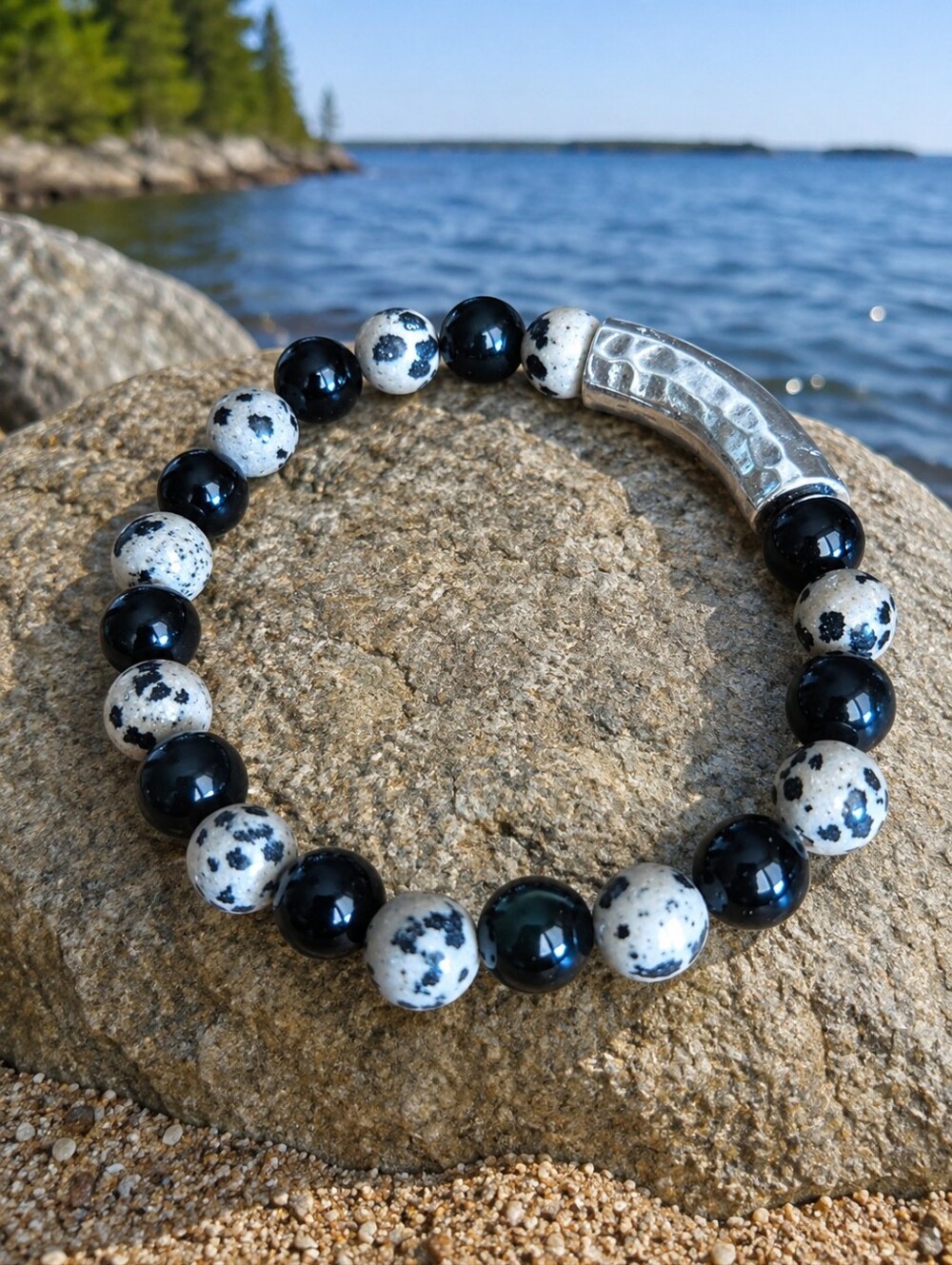 Dalmatian Jasper and Rainbow Obsidian Beaded Stretch Bracelet | Handmade